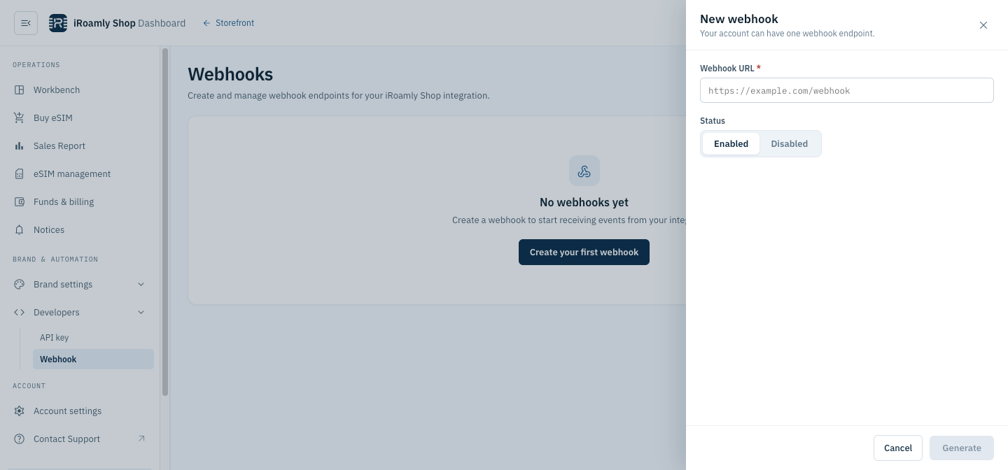 Dashboard Webhooks page with the “New webhook” panel open: Webhook URL field and Enabled / Disabled status