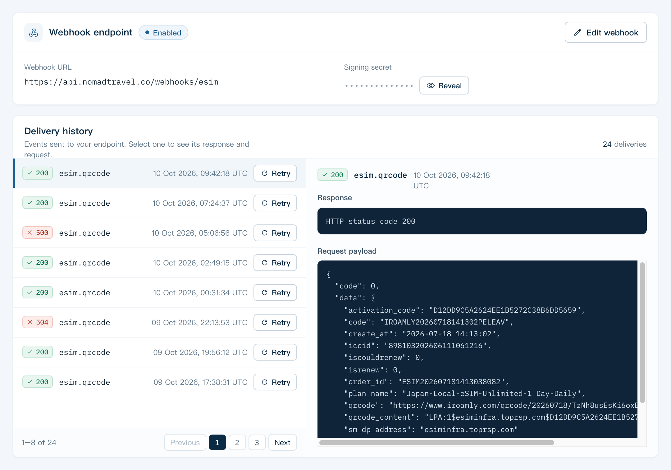 Dashboard Webhooks page: webhook endpoint with its URL and the signing secret (Reveal), and the delivery history